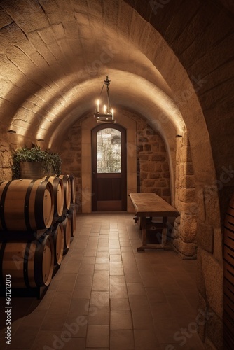 illustration  cellar with wine barrels  ai generative.
