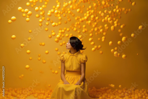 a lot of little balloons of a girl in a yellow dress. art, minimalism, dark sky. surreal art. AI generative