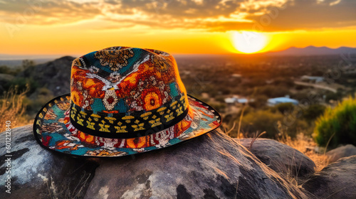 Colorful hat is sitting on a rock in front of sunset