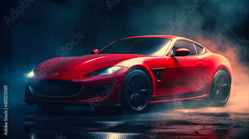 Red sports car with smoke in the background