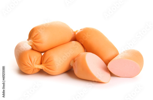 Tasty boiled sausages on white background