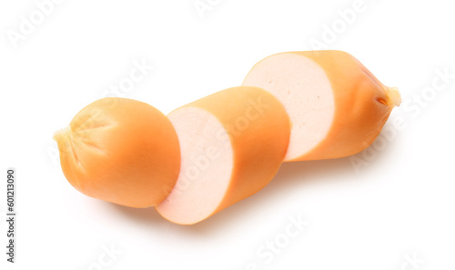 Slices of tasty boiled sausages on white background
