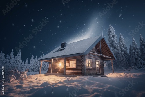 Illustration of a cabin engulfed in snow. Generative AI