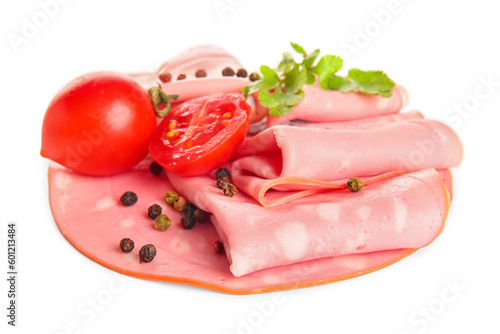 Slices of tasty boiled sausage with tomatoes and peppercorn on white background