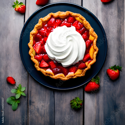 Strawberry pie top view with whip cream on top