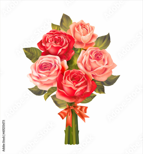Bouquet of red and pink roses on white. Vector illustration.
