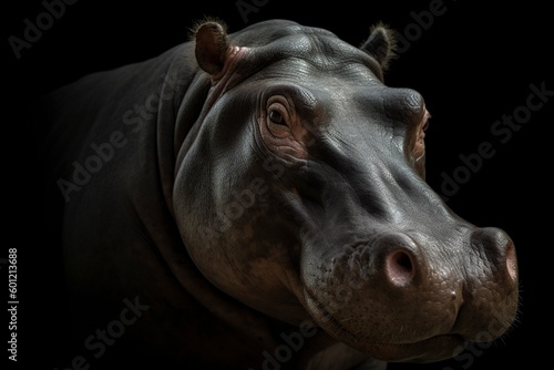 illustration, hippo on black background, ai generative photo