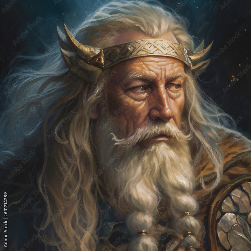 Concept art illustration of a  Viking king with long white hair and a beard Generative Ai