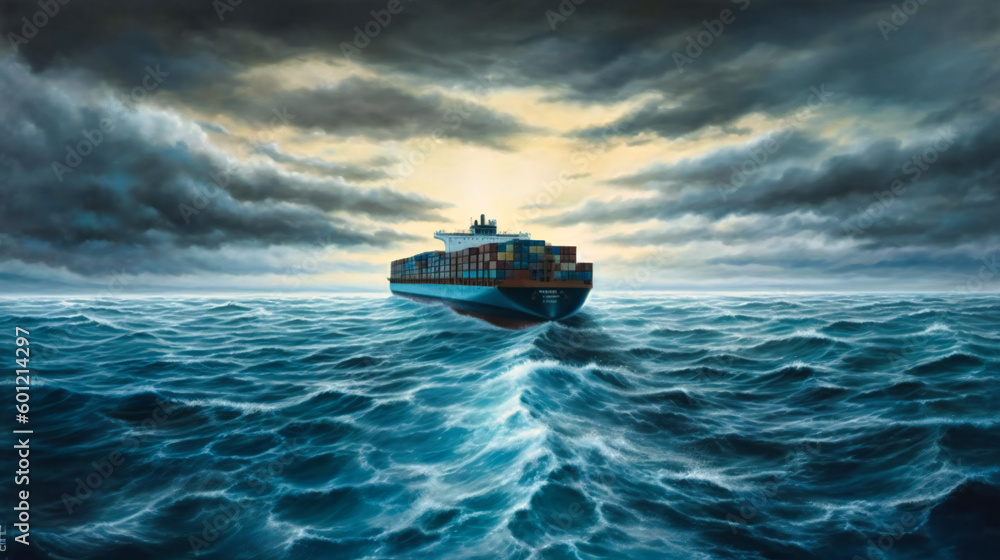 Naklejka premium Container ship moving towards the horizon in cloudy ocean