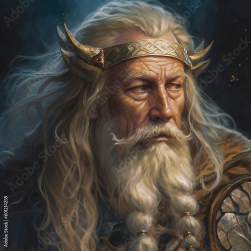 Concept art illustration of a Viking king with long white hair and a beard Generative Ai