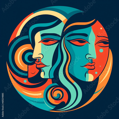Two women's faces geminis flat design vector illustration Generative Ai photo