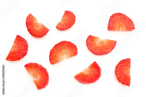 Slices of fresh strawberries on white background
