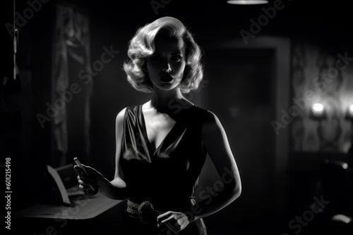 A film noir-inspired image of a woman in a elegant dress, holding a smoking gun and standing in a dimly-lit room. The image be black and white with high contrast. Generative AI photo