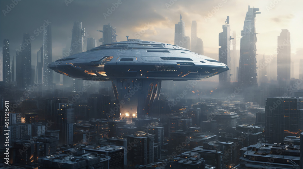 A futuristic city with a large flying object in the middle of it Generative Ai A futuristic city with a large flying object in the middle of it Generative Ai