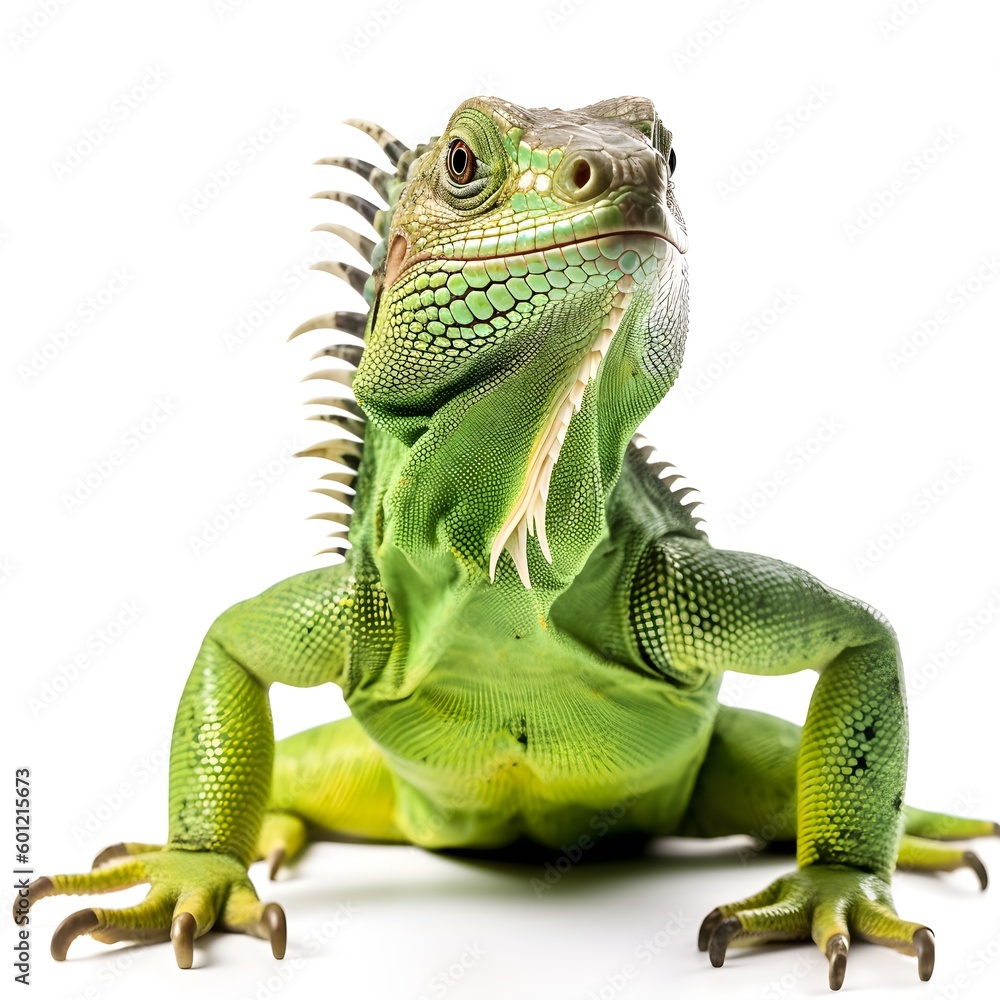 Obraz premium Green iguana on white background. Created using generative AI tools.