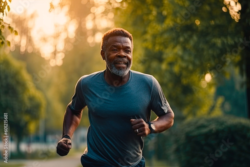 Middle aged african american man running at dusk in the park  Generative AI