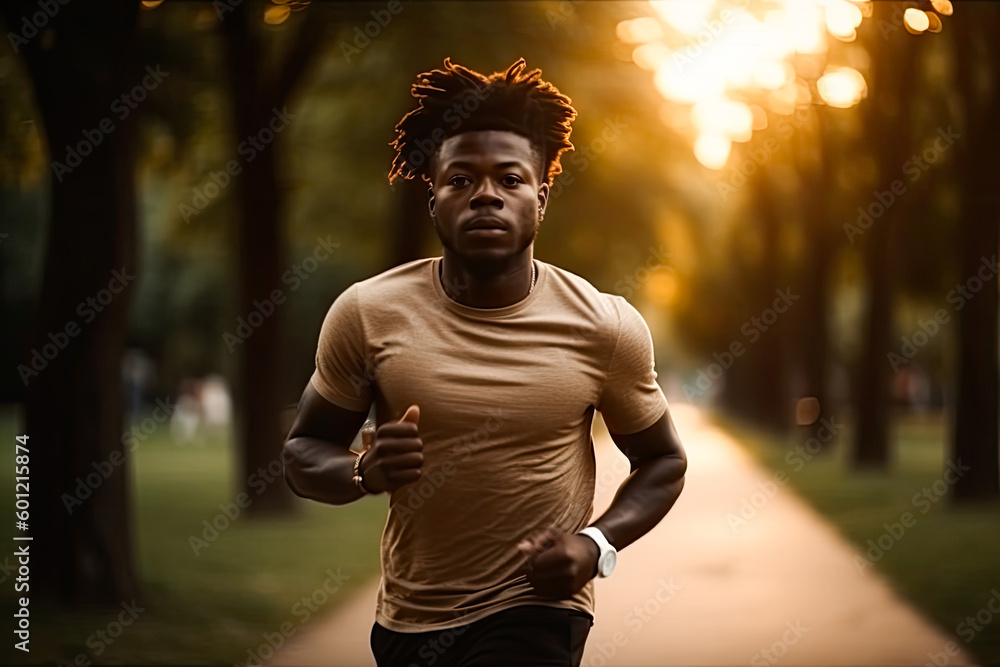 Young african american man running at dusk in the park, Generative AI Young african american man running at dusk in the park, Generative AI
