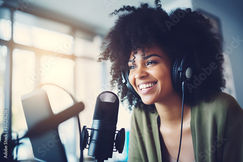 Woman podcaster recording audio podcast in a radio station or podcast studio. Generative Ai