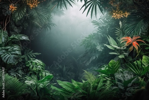 Fresh exotic jungle background with lots of copy space, generative ai