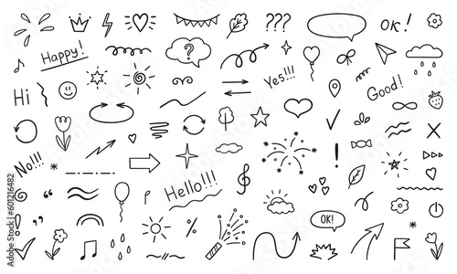 Hand drawn set of abstract doodle elements. Decorative illustrations in sketch style. Arrows, heart, stars, flowers, hearts, signs and symbols. Vector illustration isolated on white background