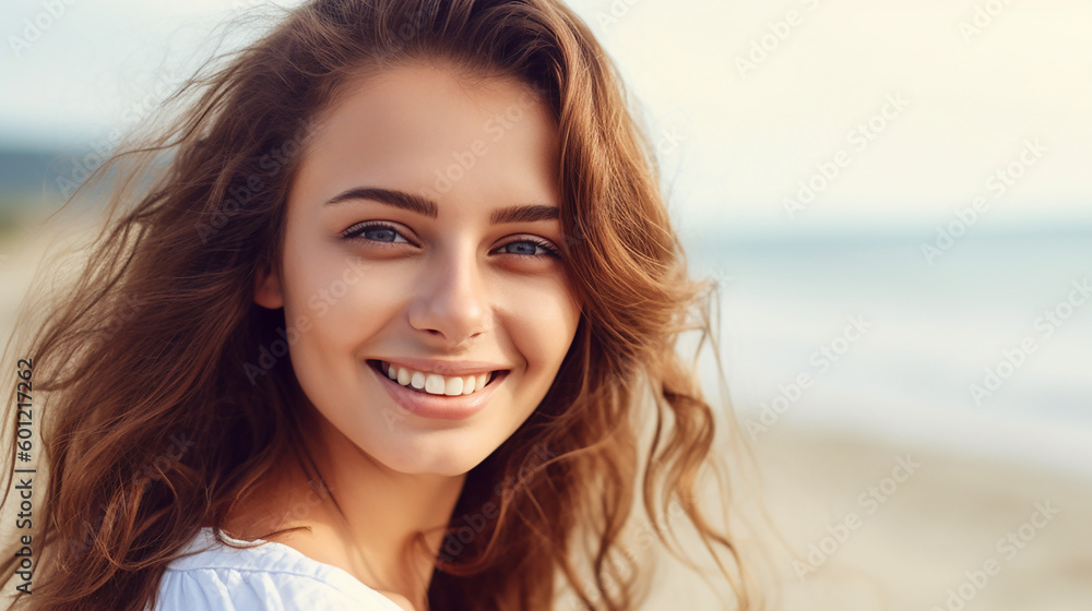 Pretty young smiling woman on a beach, copyspace, banner, poster. Generative AI