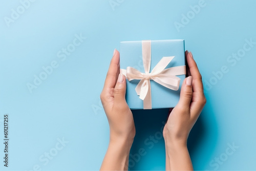 Female hands holding a giftbox on the light blue background, overhead. Generative AI