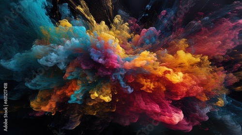 AI generated image of an explosion of colored inks on a white background. Mixes and shapes. Abstract concept.