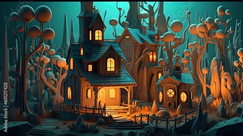 Fantasy house at night in Halloween time. Generative Ai,