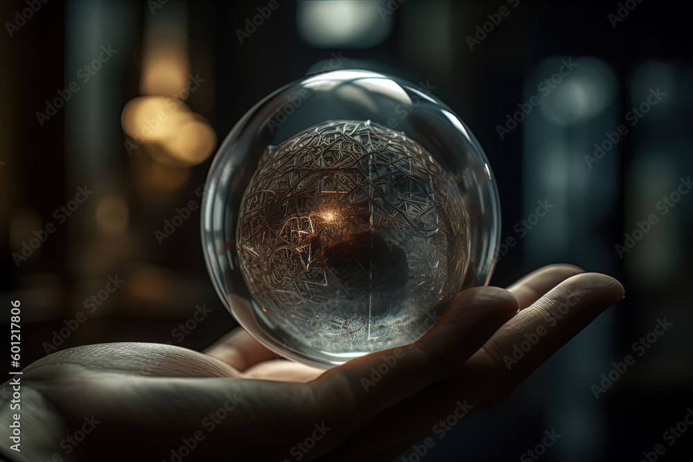 Hand holding a glass sphere with items inside. Generative AI. Hand holding a glass sphere with items inside. Generative AI.