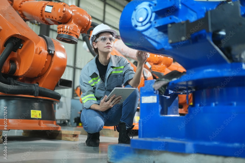 Robotic Arm engineer check on equipment in its with software of an Artificial Intelligence, .Female industrial engineer working at automated AI robotic production factory.. Robotic Arm engineer check on equipment in its with software of an Artificial Intelligence, .Female industrial engineer working at automated AI robotic production factory..