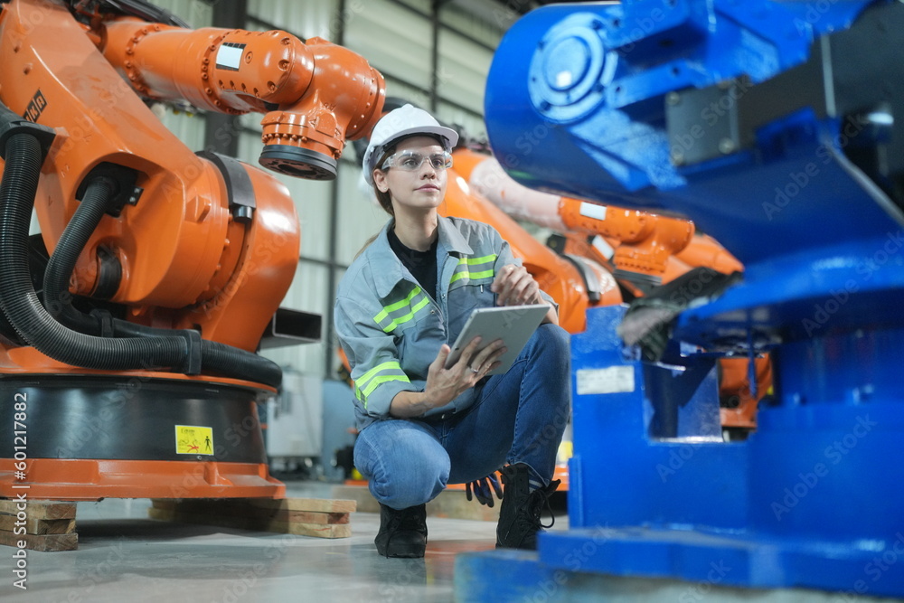 Robotic Arm engineer check on equipment in its with software of an Artificial Intelligence, .Female industrial engineer working at automated AI robotic production factory.. Robotic Arm engineer check on equipment in its with software of an Artificial Intelligence, .Female industrial engineer working at automated AI robotic production factory..