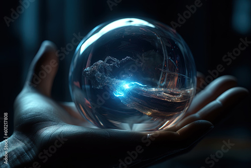 Hand holding a glass sphere with items inside. Generative AI.