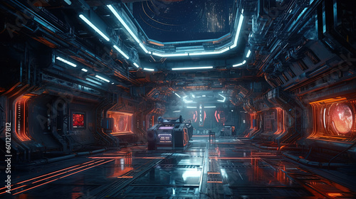 Great hall of a spaceship. Sci-fi scene. Generative AI.