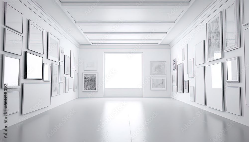 Large white room with walls with frames of photographs or paintings. Mockup. Generative AI Large white room with walls with frames of photographs or paintings. Mockup. Generative AI
