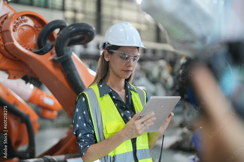 Obraz premium Mechanical engineers with robotic welder., Programming development technology work. Female industrial engineer working at automated AI robotic production factory..