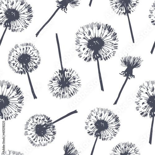 Dandelion seamless vector pattern  drawing of Taraxacum erythrospermum  floral theme  ink vintage graphics  two colors - light and dark. Print-ready for fabric  wrapping  etc..