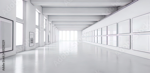 Large white room with walls with frames of photographs or paintings. Mockup. Generative AI