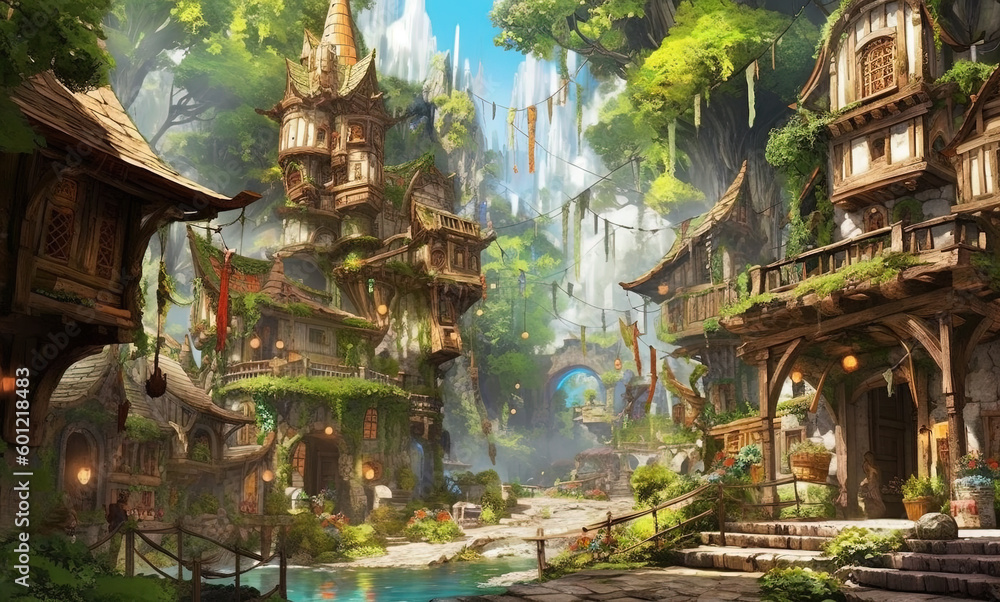 Naklejka premium Pencil and ink illustration of a medieval fantasy village. Generative AI.