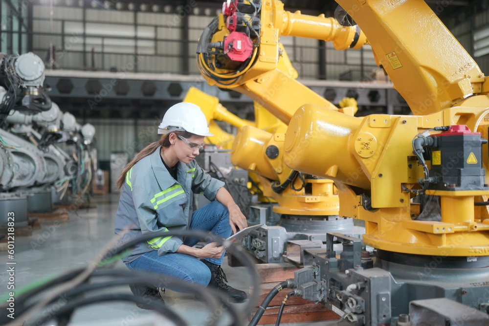 Robotic Arm engineer check on equipment in its with software of an Artificial Intelligence, Programming development technology work. Robotic Arm engineer check on equipment in its with software of an Artificial Intelligence, Programming development technology work.