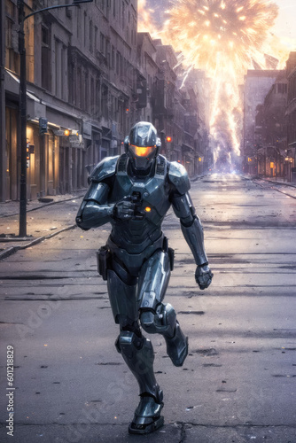 A futuristic cyborg robot with metal armor running away from an explosion in an empty city street. Generative AI.