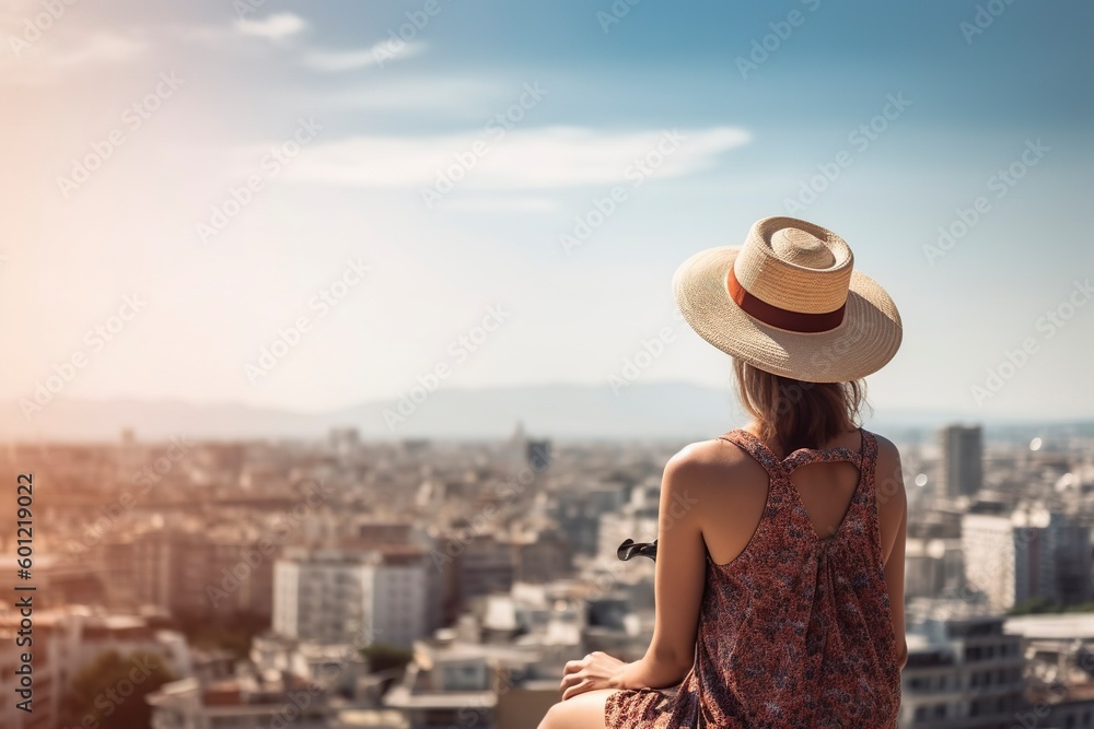 A young tourist woman sitting on top of the hill, looking at the city in the background. Ai generated.