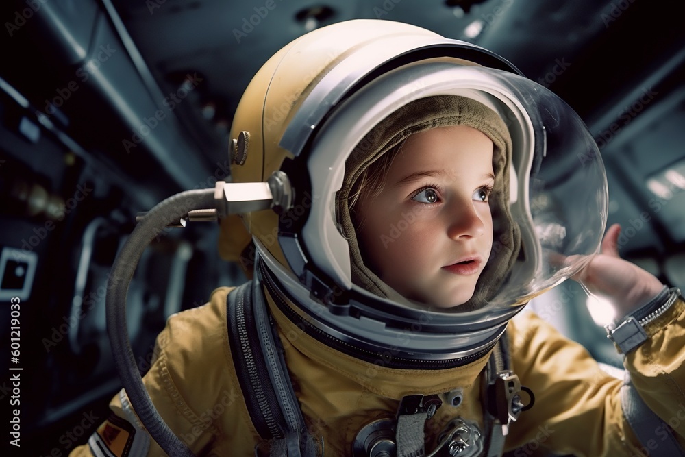 A young adventurer dons her astronaut suit and steps into the space station. Ai generated. A young adventurer dons her astronaut suit and steps into the space station. Ai generated.