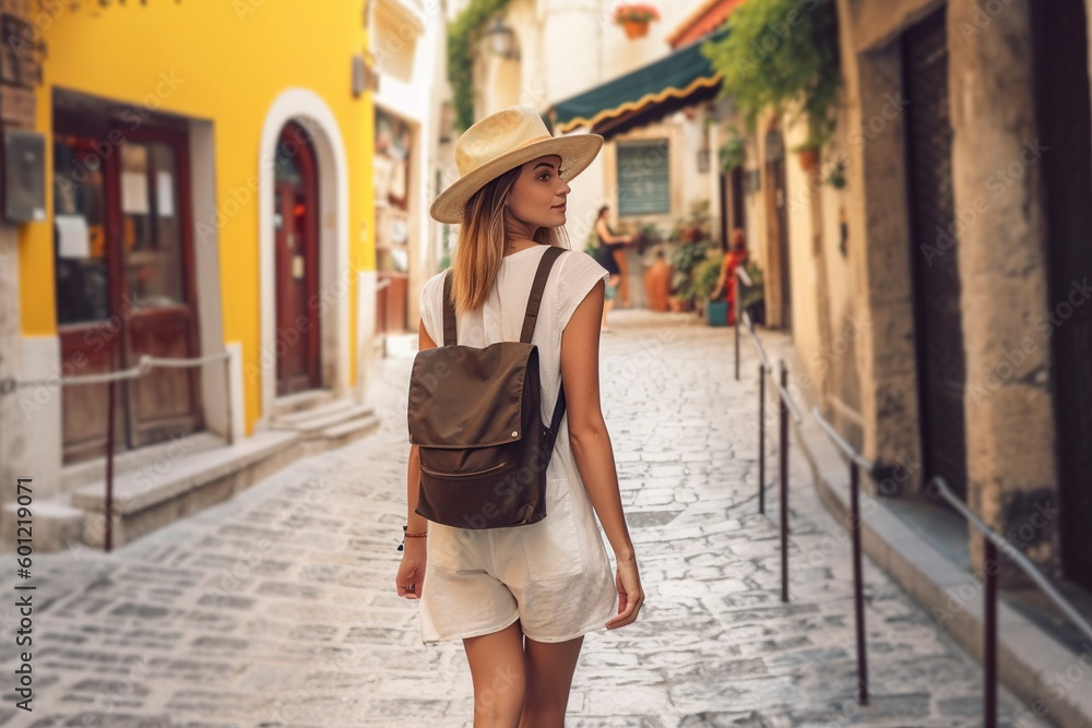 Young girl walks down a colorful street with European pave, sightseeing on her summer vacation. Ai generated. Young girl walks down a colorful street with European pave, sightseeing on her summer vacation. Ai generated.
