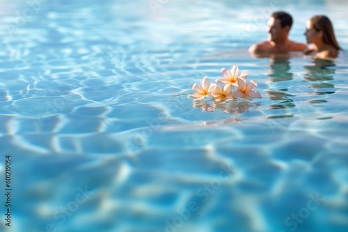 A couple enjoy their Thai vacation in an infinity pool at a luxury resort. Ai generated.