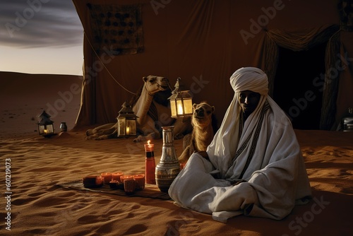 Tuareg rest on the desert sand at dusk. Ai generated.