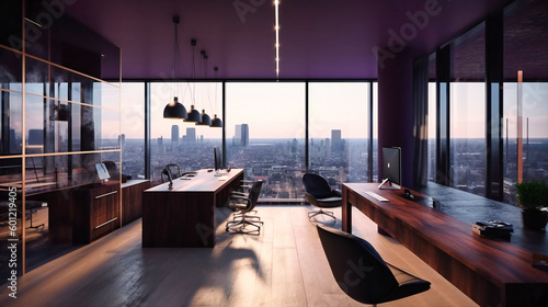 A beautiful office with large windows overlooking a large city