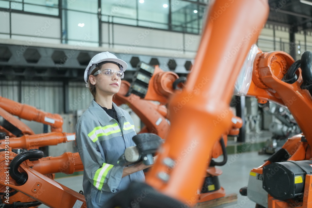 Robotic Arm engineer check on equipment in its with software of an Artificial Intelligence, Programming development technology work. Robotic Arm engineer check on equipment in its with software of an Artificial Intelligence, Programming development technology work.