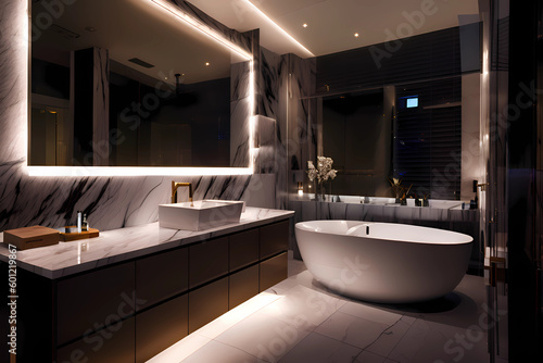 sleek marble bathroom with LED lighting  double vanity  and freestanding tub Generated with AI  