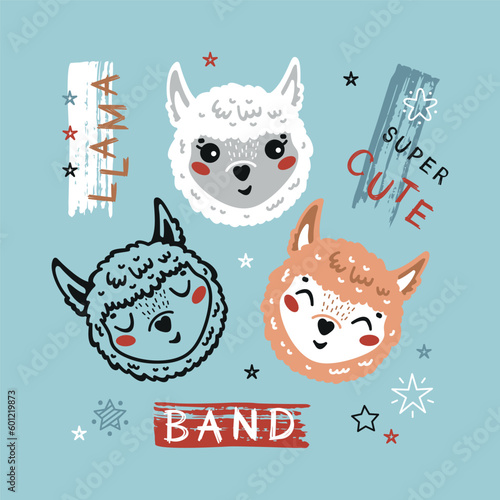 Cute Llama Drawing for Tee Print for Kids. Little Alpaca Heads. Vector Baby Animals