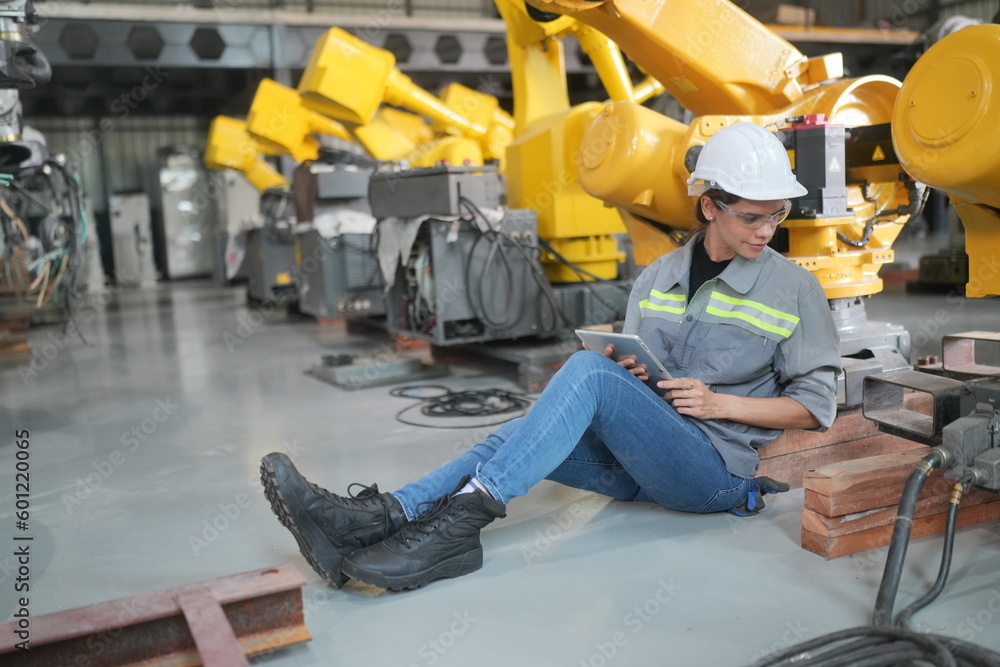 Fototapeta premium Female industrial engineer working at automated AI robotic production factory.